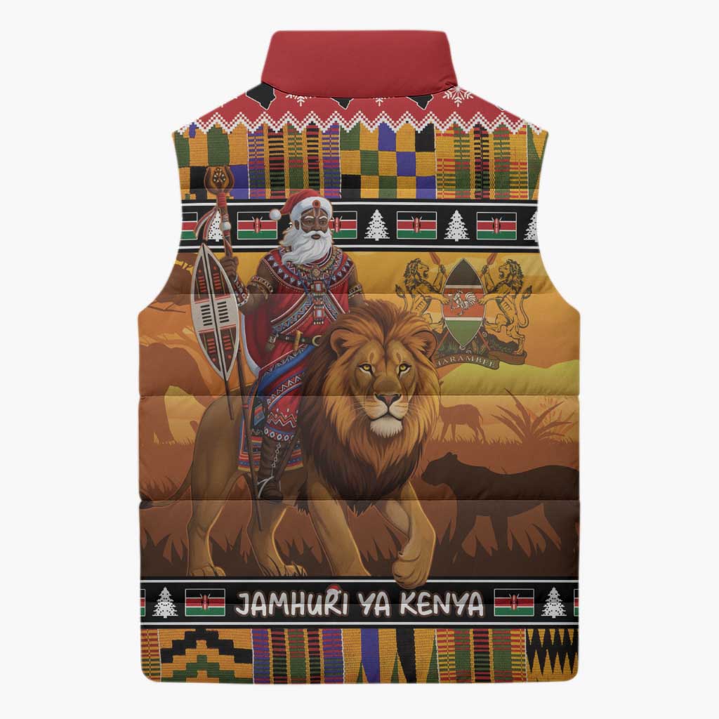 Kenya Safari Christmas Sleeveless Puffer Jacket Black Santa Riding Lion - Heri ya Krismasi