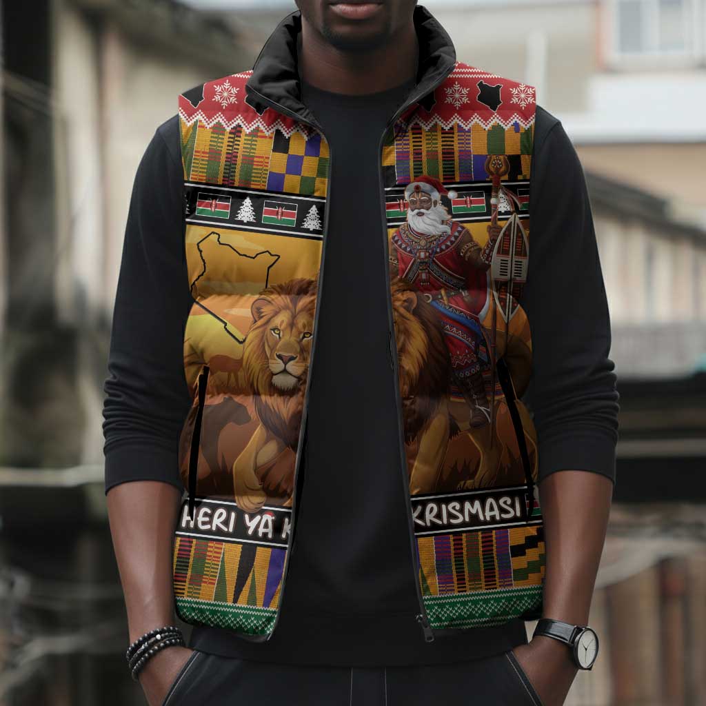 Kenya Safari Christmas Sleeveless Puffer Jacket Black Santa Riding Lion - Heri ya Krismasi