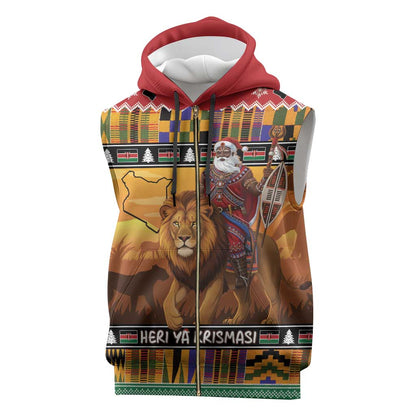 Afro Christmas in Kenya Safari Sleeveless Zip Hoodie Black Santa Riding Lion - African Pride
