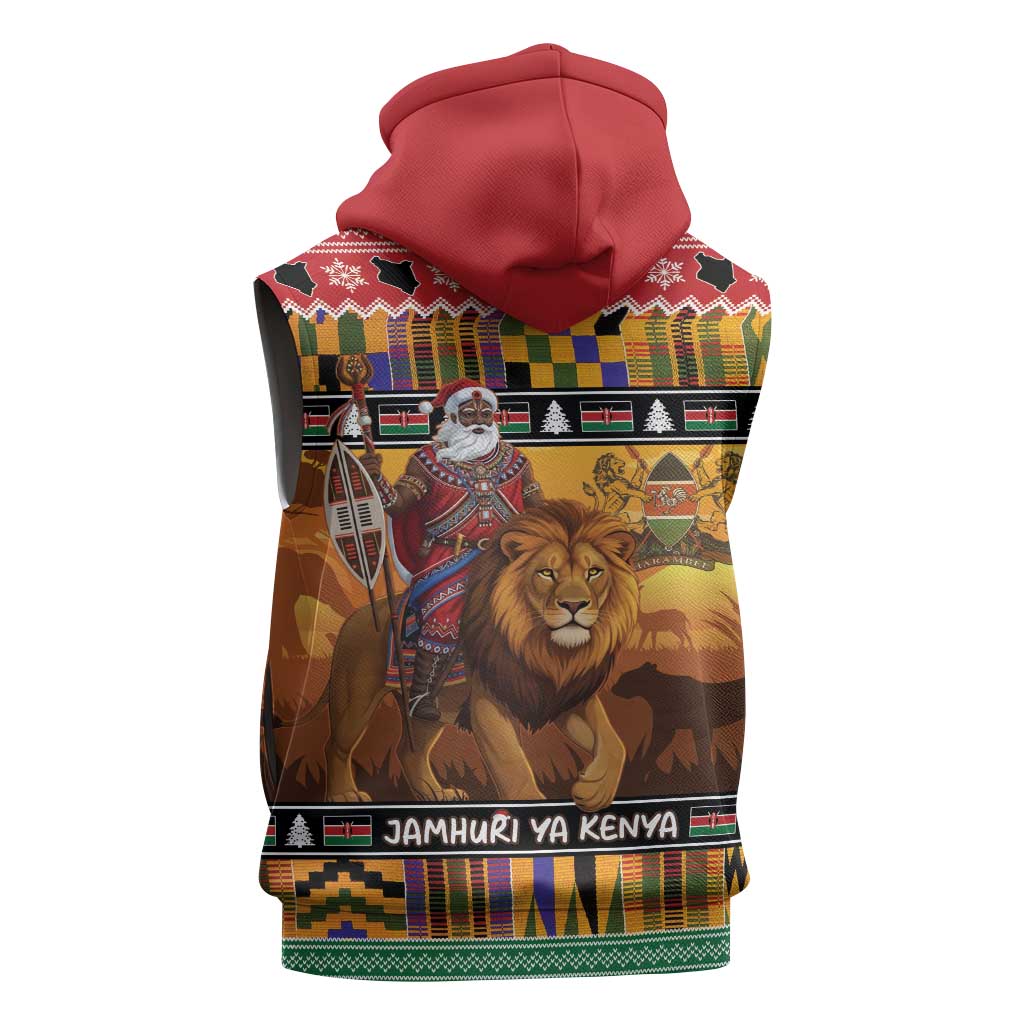 Afro Christmas in Kenya Safari Sleeveless Zip Hoodie Black Santa Riding Lion - African Pride