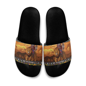 Kenya Safari Christmas Slide Sandals Black Santa Riding Lion - Heri ya Krismasi