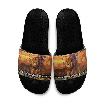 Kenya Safari Christmas Slide Sandals Black Santa Riding Lion - Heri ya Krismasi