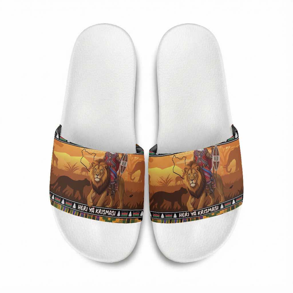 Kenya Safari Christmas Slide Sandals Black Santa Riding Lion - Heri ya Krismasi