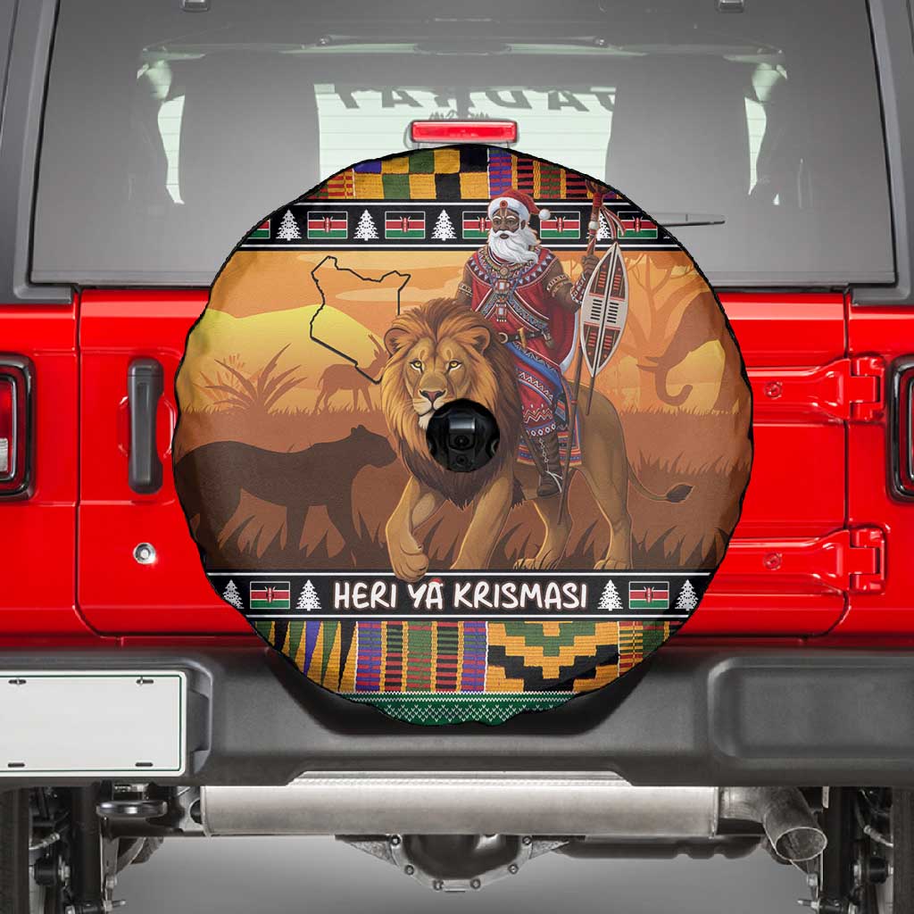 Afro Christmas in Kenya Safari Spare Tire Cover Black Santa Riding Lion - African Pride