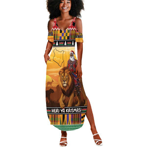 Afro Christmas in Kenya Safari Summer Maxi Dress Black Santa Riding Lion - African Pride