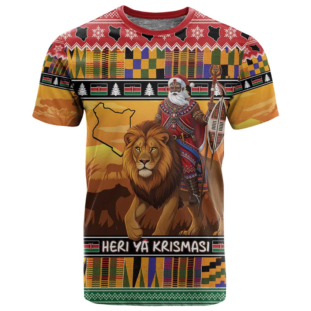 Afro Christmas in Kenya Safari T shirt Black Santa Riding Lion - African Pride