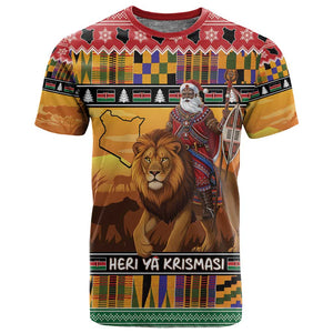 Afro Christmas in Kenya Safari T shirt Black Santa Riding Lion - African Pride