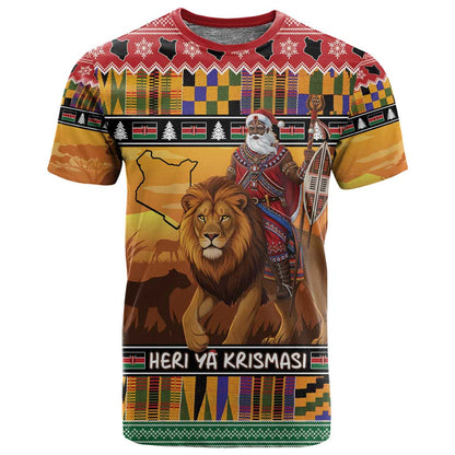 Afro Christmas in Kenya Safari T shirt Black Santa Riding Lion - African Pride