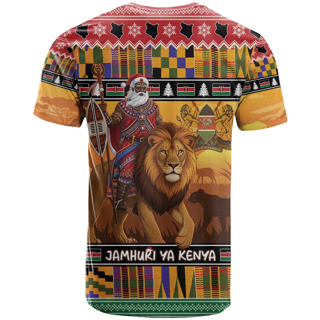 Afro Christmas in Kenya Safari T shirt Black Santa Riding Lion - African Pride