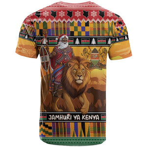 Afro Christmas in Kenya Safari T shirt Black Santa Riding Lion - African Pride