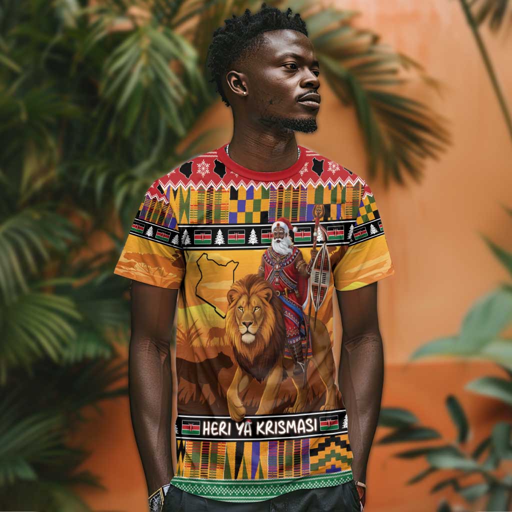 Afro Christmas in Kenya Safari T shirt Black Santa Riding Lion - African Pride