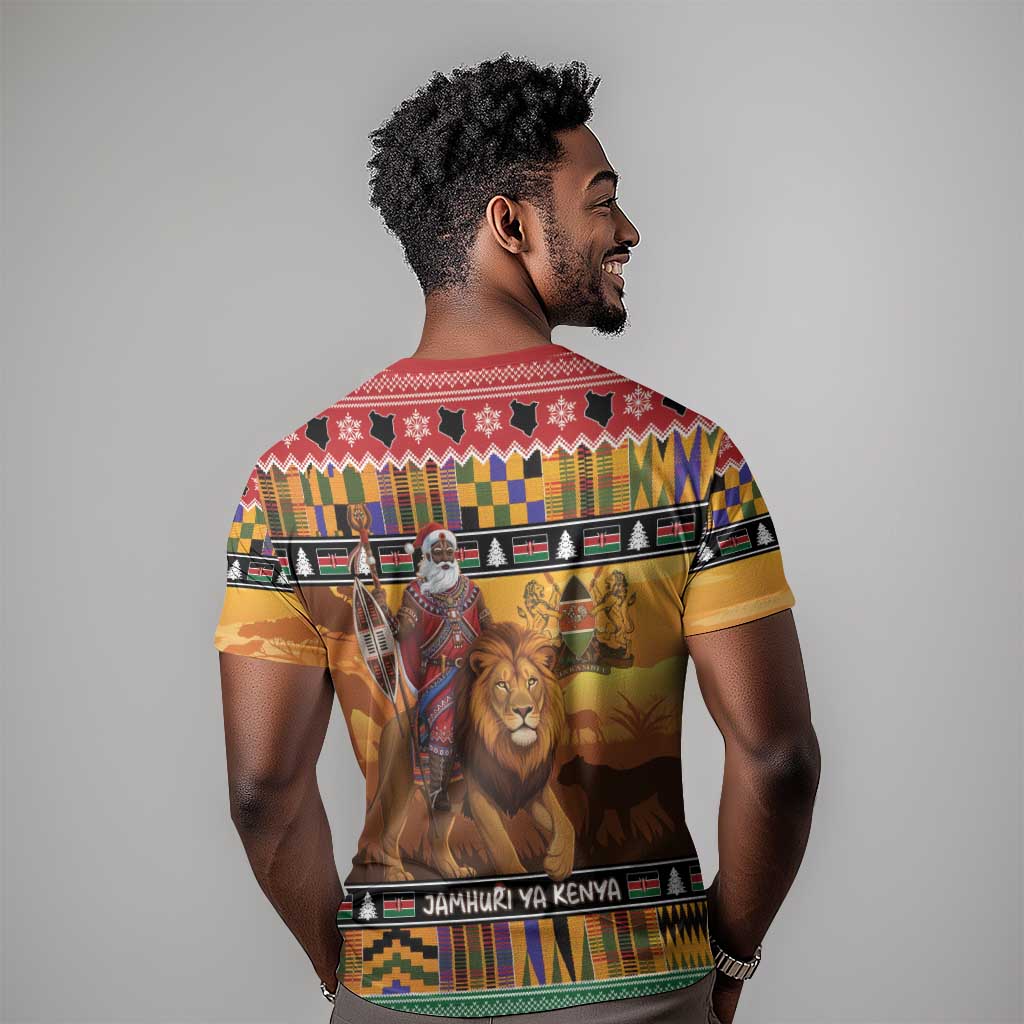 Afro Christmas in Kenya Safari T shirt Black Santa Riding Lion - African Pride