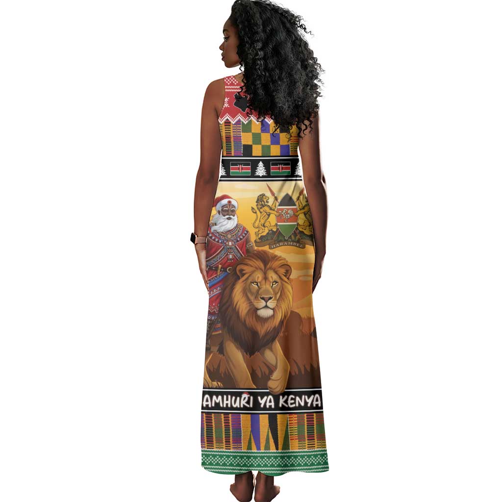 Afro Christmas in Kenya Safari Tank Maxi Dress Black Santa Riding Lion - African Pride