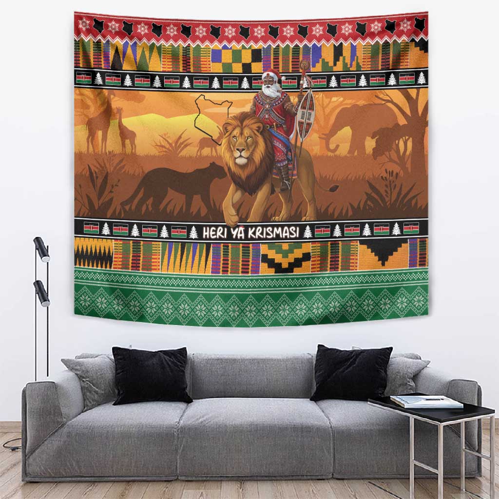 Afro Christmas in Kenya Safari Tapestry Black Santa Riding Lion - African Pride
