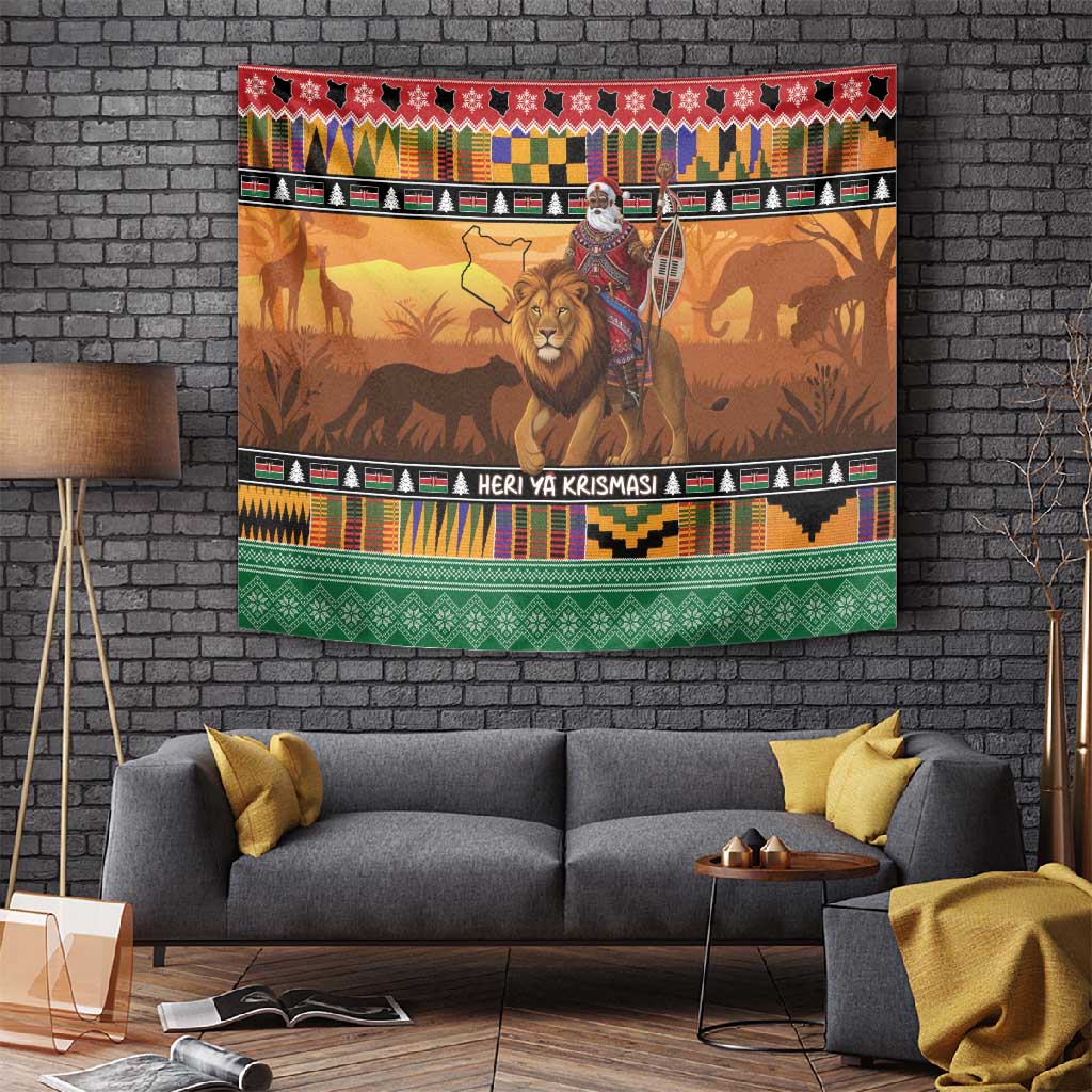 Afro Christmas in Kenya Safari Tapestry Black Santa Riding Lion - African Pride