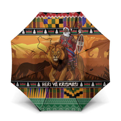 Kenya Safari Christmas Umbrella Black Santa Riding Lion - Heri ya Krismasi