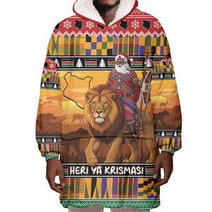 Afro Christmas in Kenya Safari Wearable Blanket Hoodie Black Santa Riding Lion - African Pride