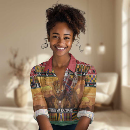 Afro Christmas in Kenya Safari Women Casual Shirt Black Santa Riding Lion - African Pride