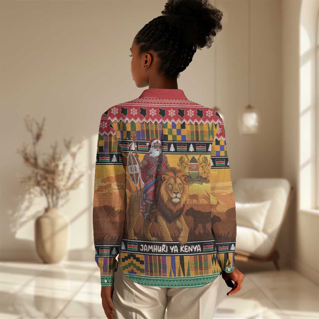 Afro Christmas in Kenya Safari Women Casual Shirt Black Santa Riding Lion - African Pride