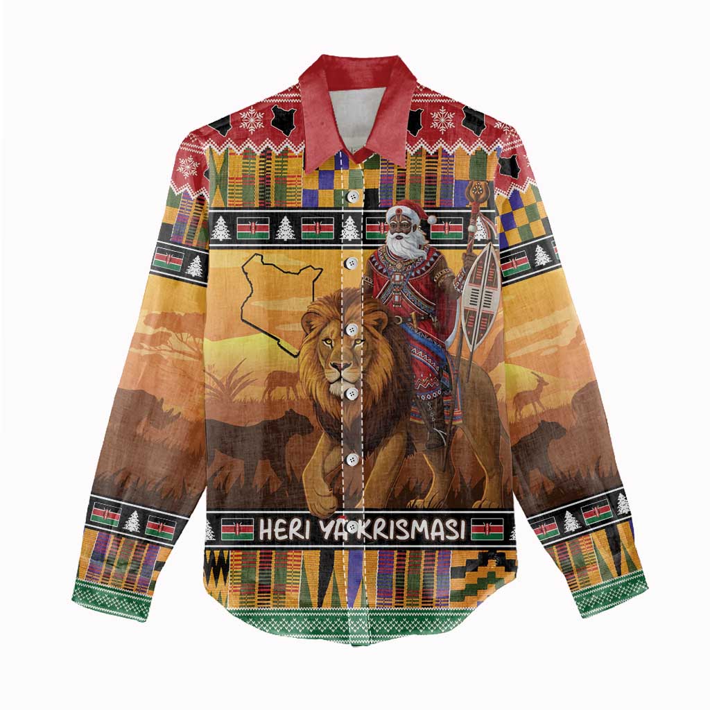Afro Christmas in Kenya Safari Women Casual Shirt Black Santa Riding Lion - African Pride