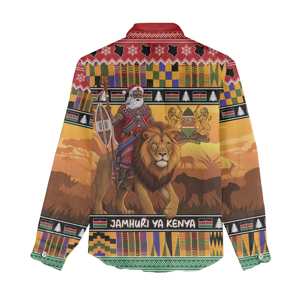 Afro Christmas in Kenya Safari Women Casual Shirt Black Santa Riding Lion - African Pride