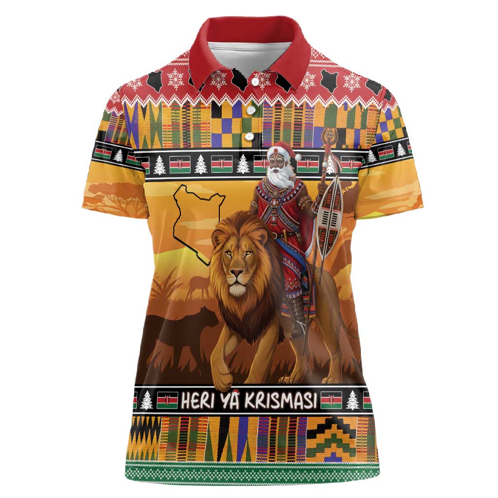 Afro Christmas in Kenya Safari Women Polo Shirt Black Santa Riding Lion - African Pride