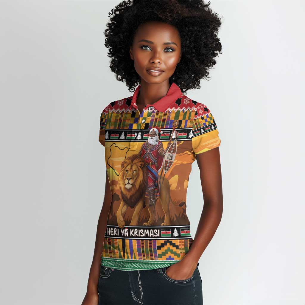 Afro Christmas in Kenya Safari Women Polo Shirt Black Santa Riding Lion - African Pride