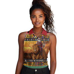 Afro Christmas in Kenya Safari Women Sleeveless Polo Shirt Black Santa Riding Lion - African Pride