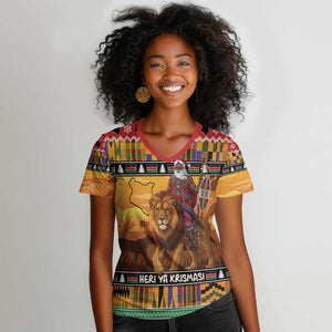 Afro Christmas in Kenya Safari Women V-Neck T-Shirt Black Santa Riding Lion - African Pride