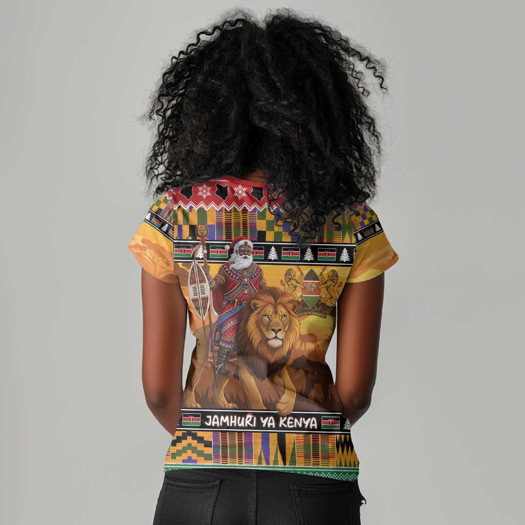 Afro Christmas in Kenya Safari Women V-Neck T-Shirt Black Santa Riding Lion - African Pride