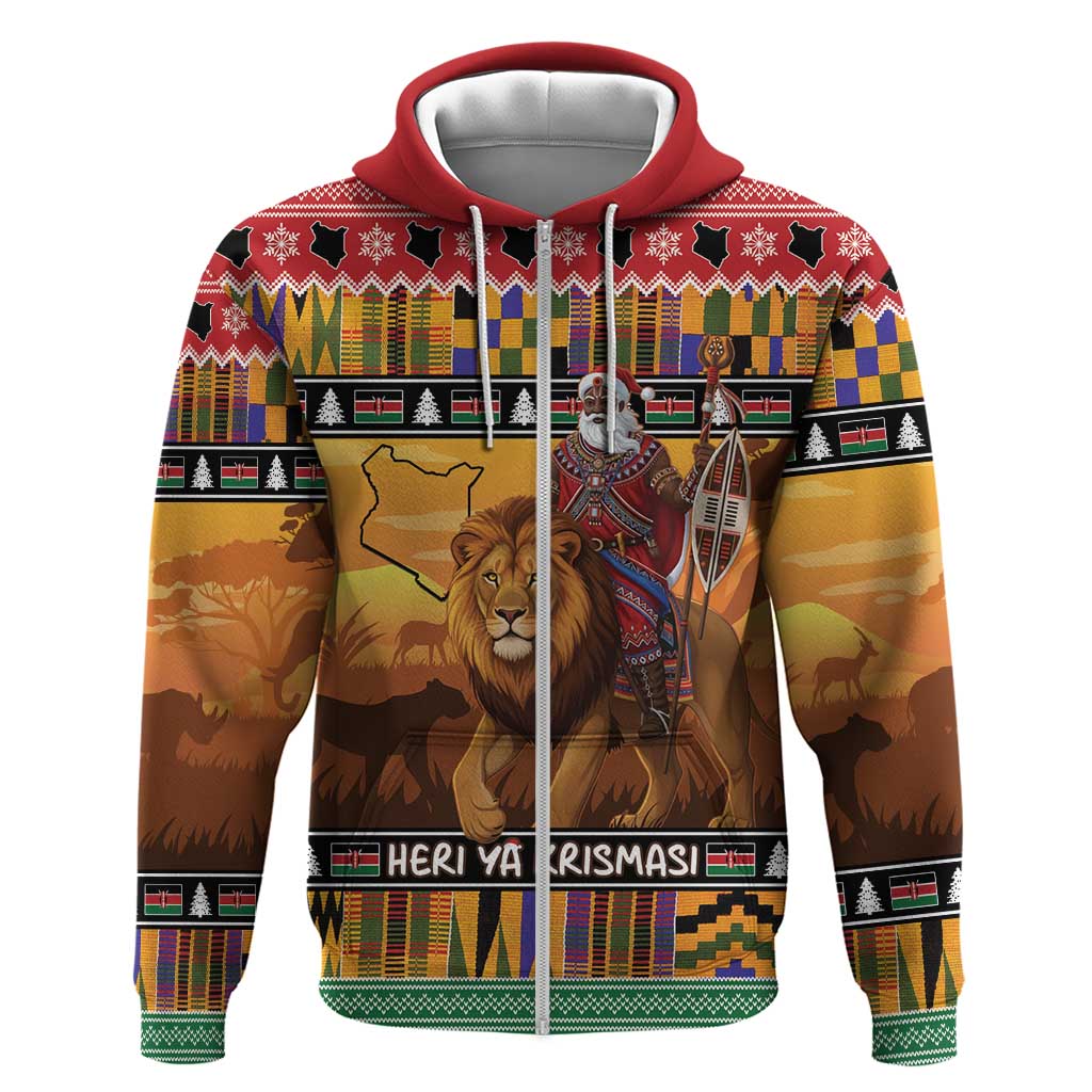 Afro Christmas in Kenya Safari Zip Hoodie Black Santa Riding Lion - African Pride