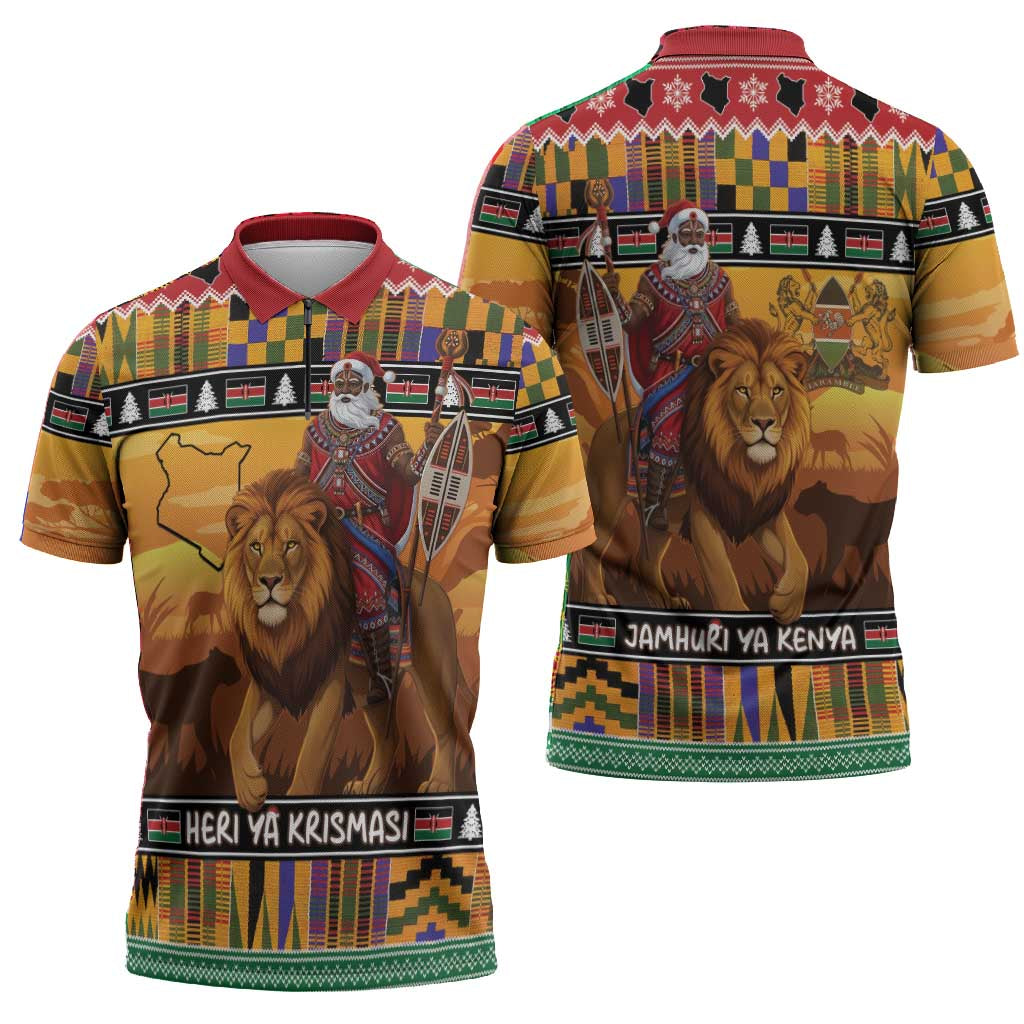 Kenya Safari Christmas Zipper Polo Shirt Black Santa Riding Lion - Heri ya Krismasi