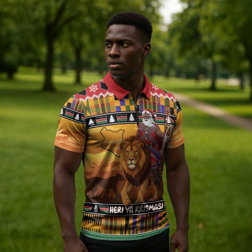 Kenya Safari Christmas Zipper Polo Shirt Black Santa Riding Lion - Heri ya Krismasi