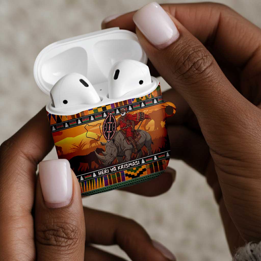 Kenya Safari Christmas AirPods Case Black Santa Riding Rhinoceros - Heri ya Krismasi