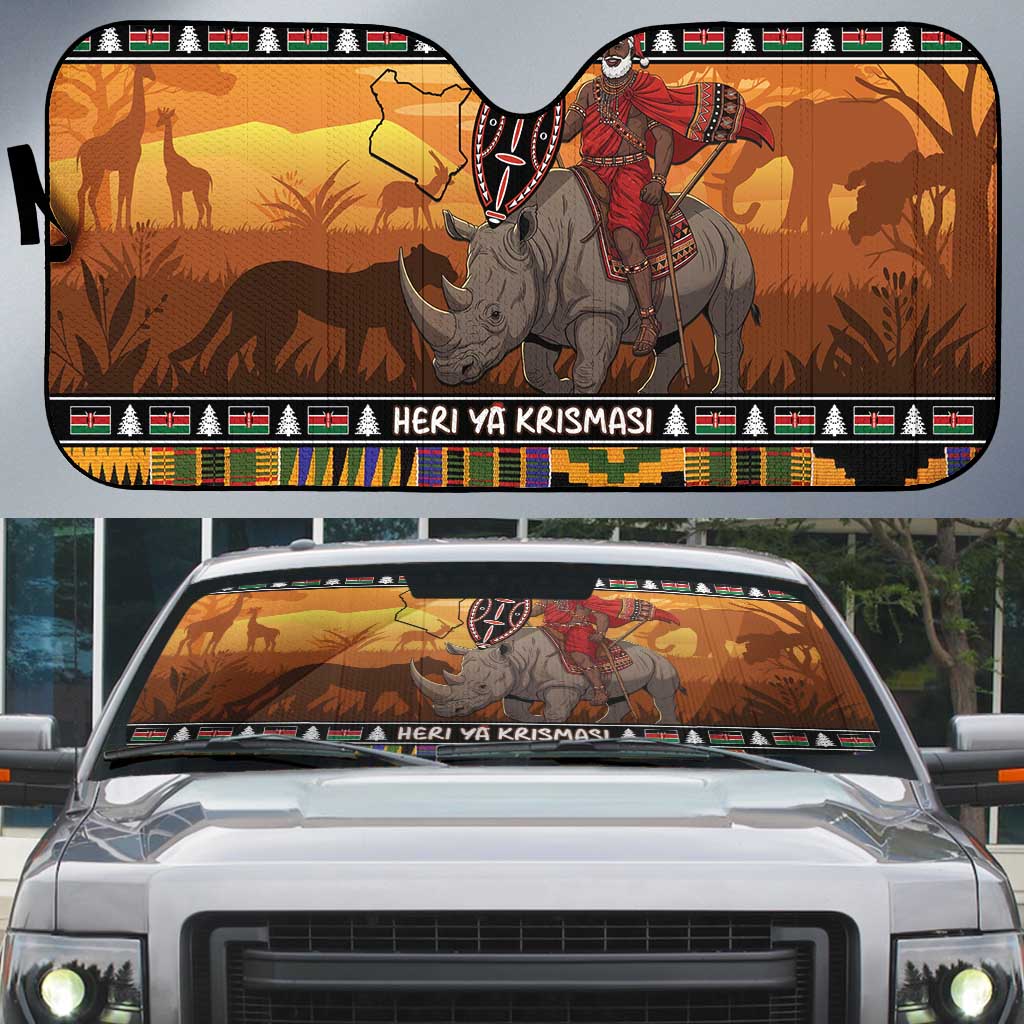 Kenya Safari Christmas Auto Sun Shade Black Santa Riding Rhinoceros - Heri ya Krismasi