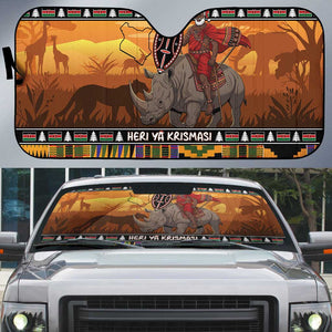 Kenya Safari Christmas Auto Sun Shade Black Santa Riding Rhinoceros - Heri ya Krismasi