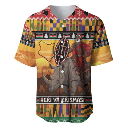 Afro Christmas in Kenya Safari Baseball Jersey Black Santa Riding Rhinoceros - African Pride