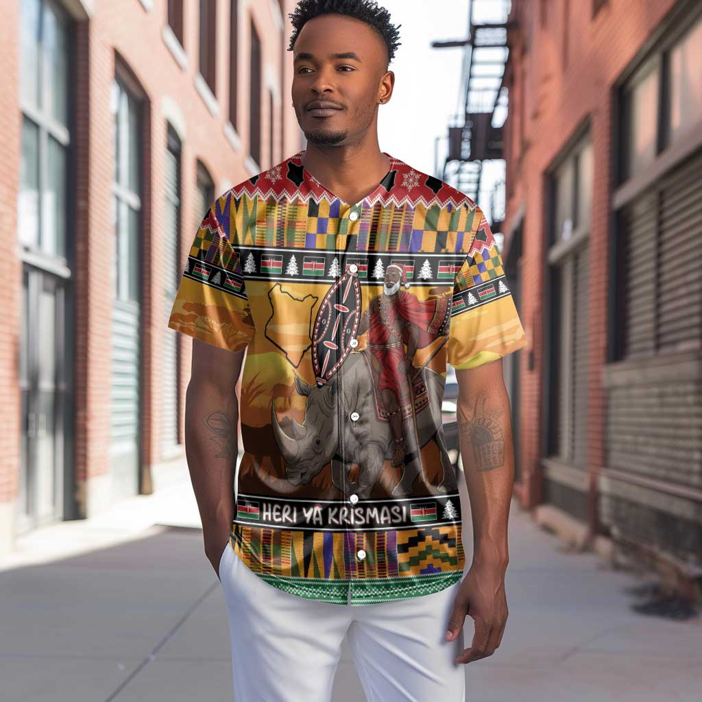 Afro Christmas in Kenya Safari Baseball Jersey Black Santa Riding Rhinoceros - African Pride