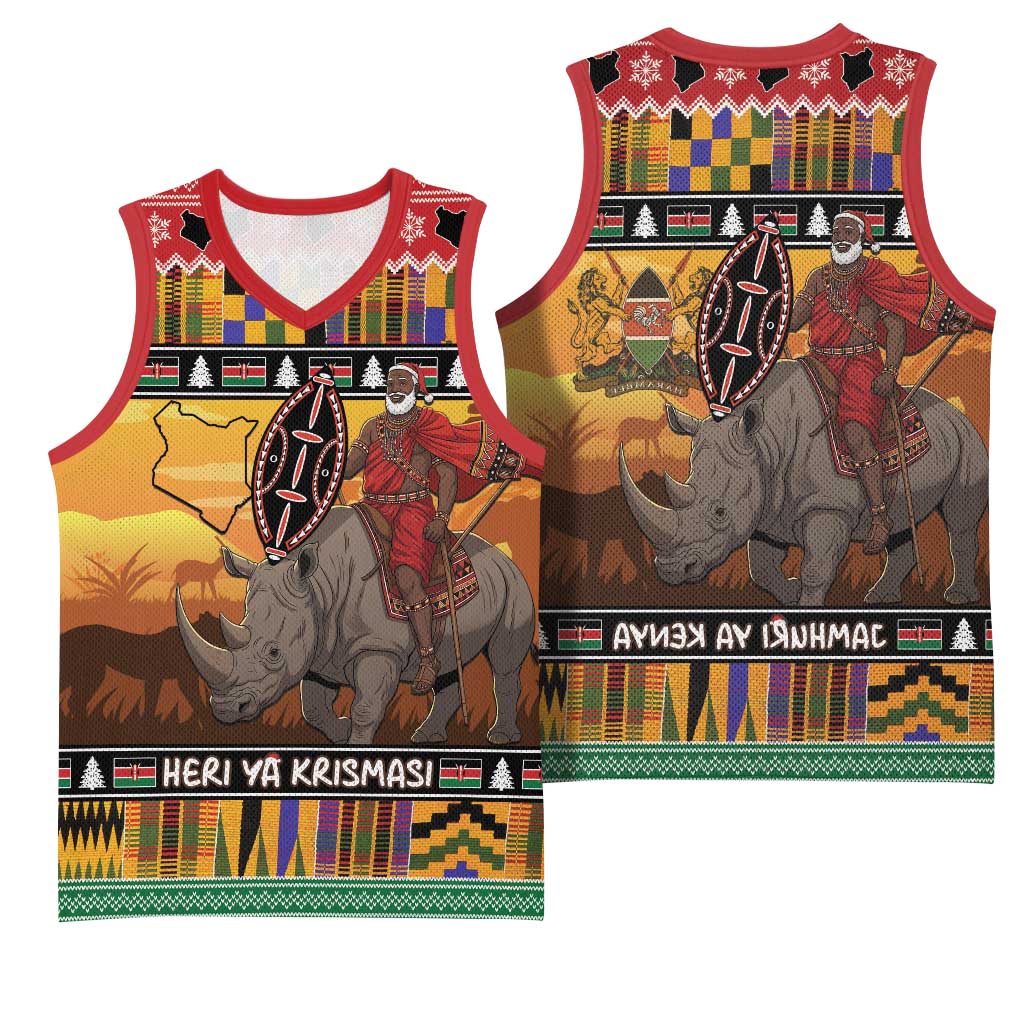 Afro Christmas in Kenya Safari Basketball Jersey Black Santa Riding Rhinoceros - African Pride