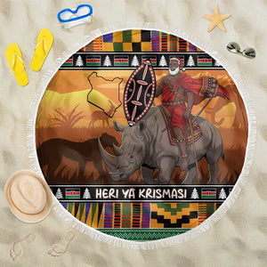 Afro Christmas in Kenya Safari Beach Blanket Black Santa Riding Rhinoceros - African Pride