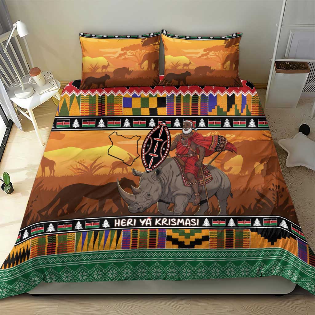 Afro Christmas in Kenya Safari Bedding Set Black Santa Riding Rhinoceros - African Pride