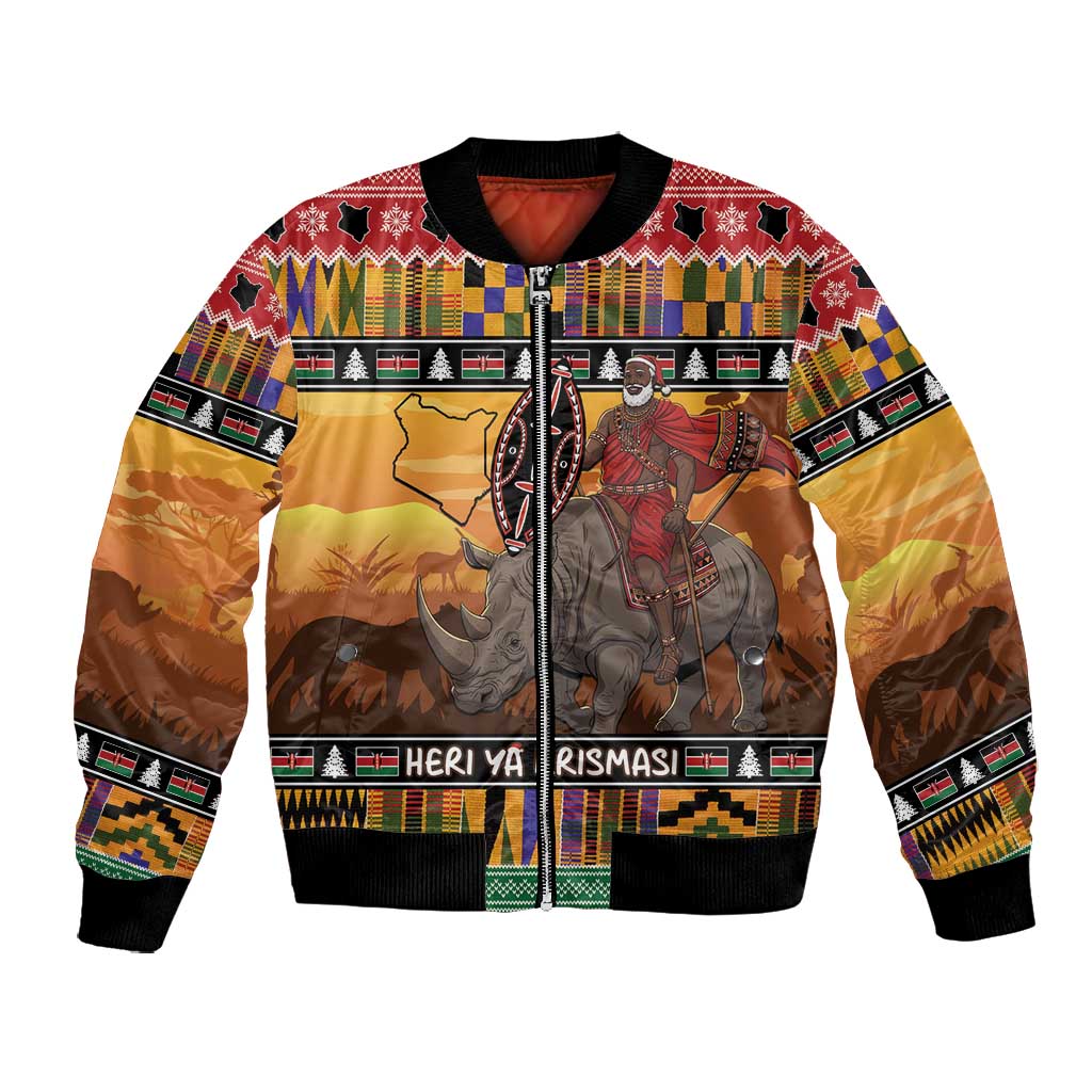Afro Christmas in Kenya Safari Bomber Jacket Black Santa Riding Rhinoceros - African Pride