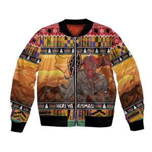 Afro Christmas in Kenya Safari Bomber Jacket Black Santa Riding Rhinoceros - African Pride