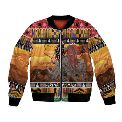 Afro Christmas in Kenya Safari Bomber Jacket Black Santa Riding Rhinoceros - African Pride