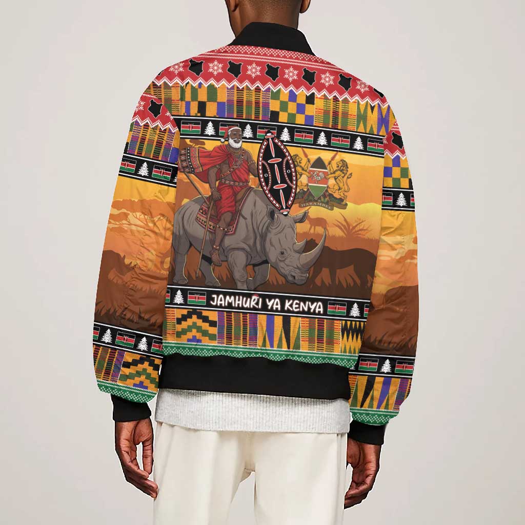 Afro Christmas in Kenya Safari Bomber Jacket Black Santa Riding Rhinoceros - African Pride