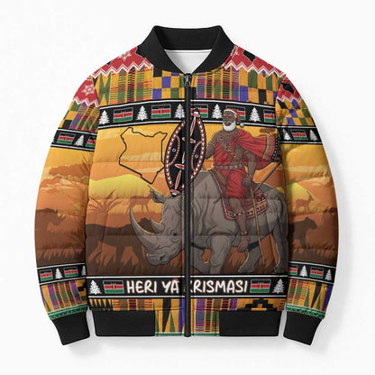 Kenya Safari Christmas Bomber Puffer Jacket Black Santa Riding Rhinoceros - Heri ya Krismasi