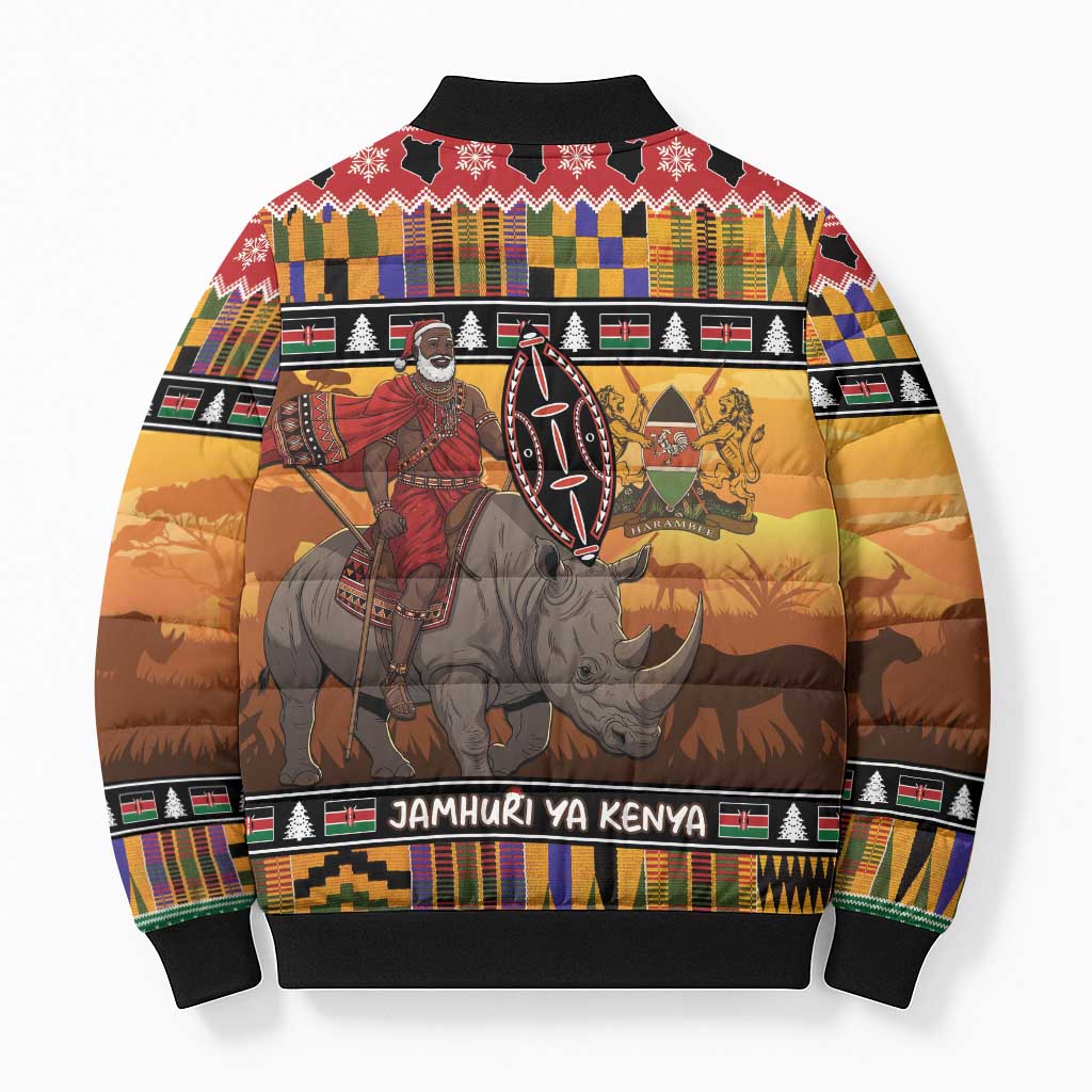 Kenya Safari Christmas Bomber Puffer Jacket Black Santa Riding Rhinoceros - Heri ya Krismasi
