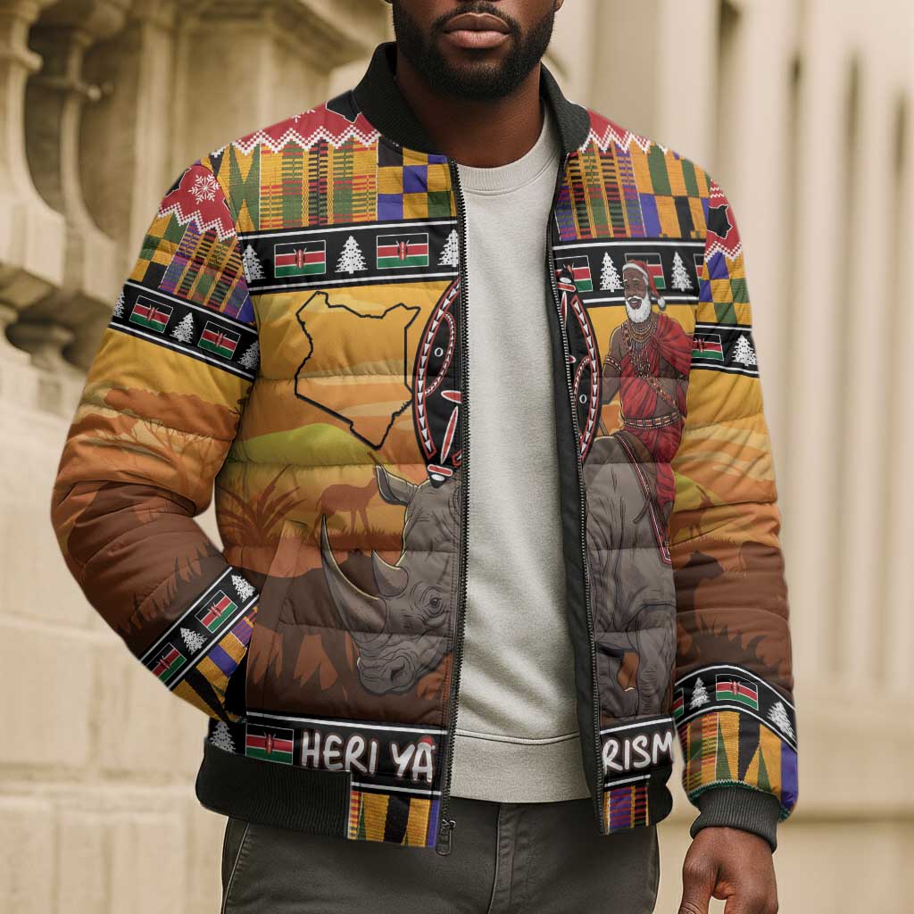 Kenya Safari Christmas Bomber Puffer Jacket Black Santa Riding Rhinoceros - Heri ya Krismasi