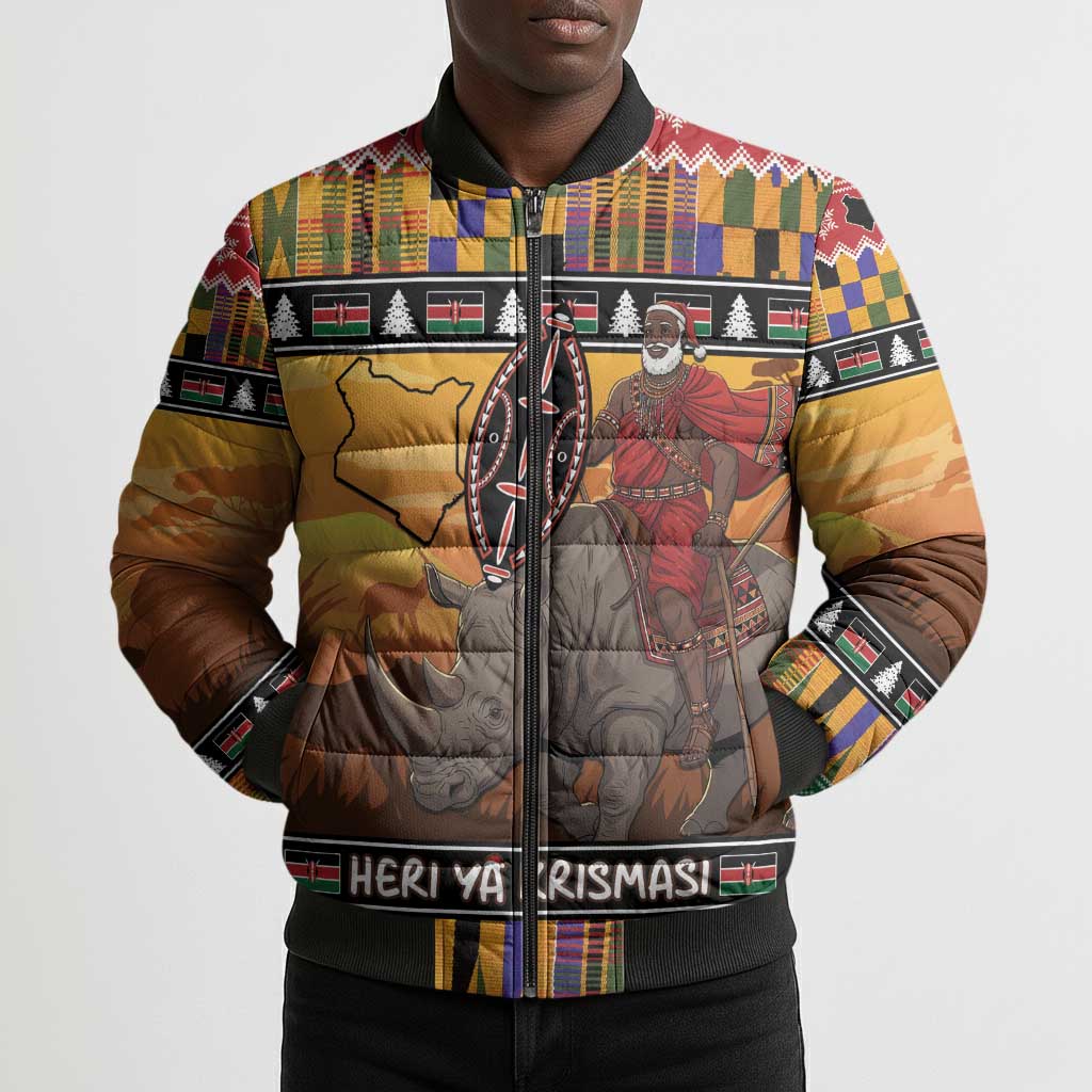 Kenya Safari Christmas Bomber Puffer Jacket Black Santa Riding Rhinoceros - Heri ya Krismasi