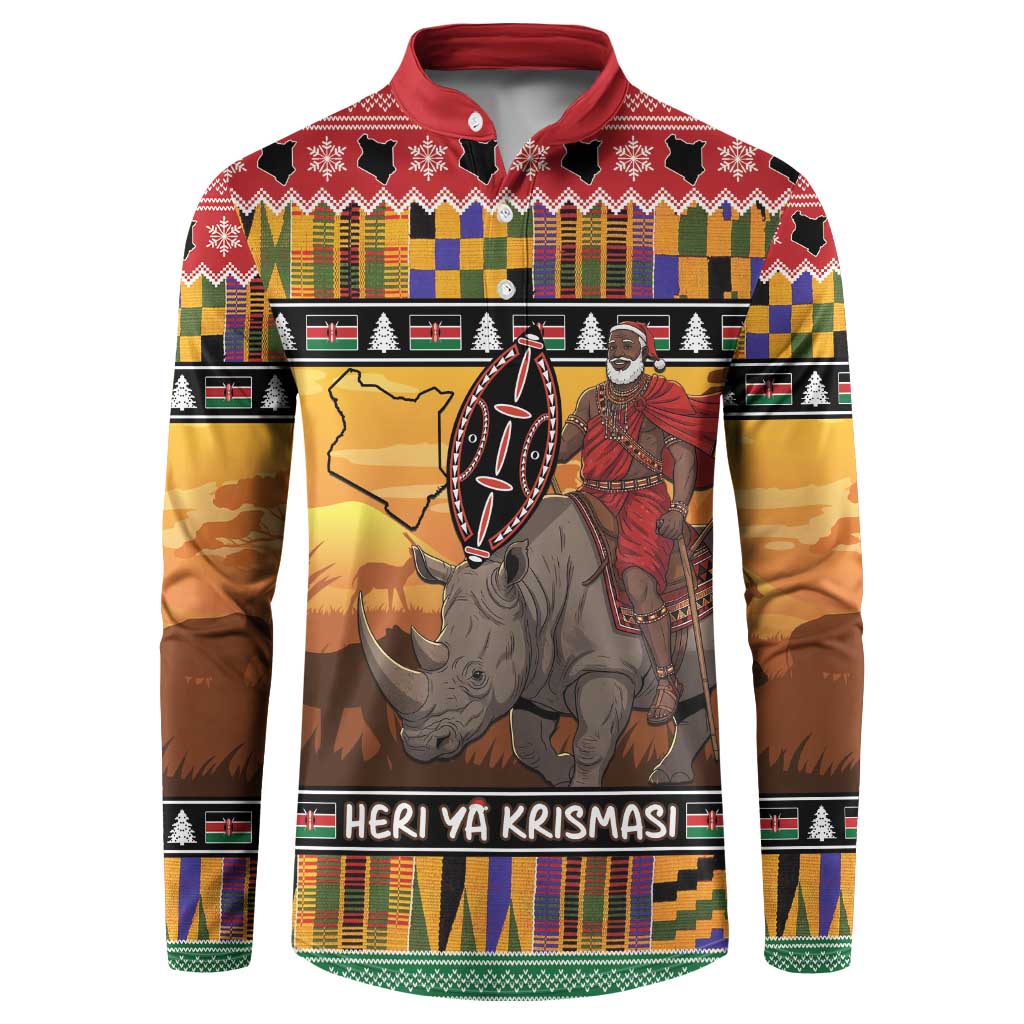 Kenya Safari Christmas Button Sweatshirt Black Santa Riding Rhinoceros - Heri ya Krismasi